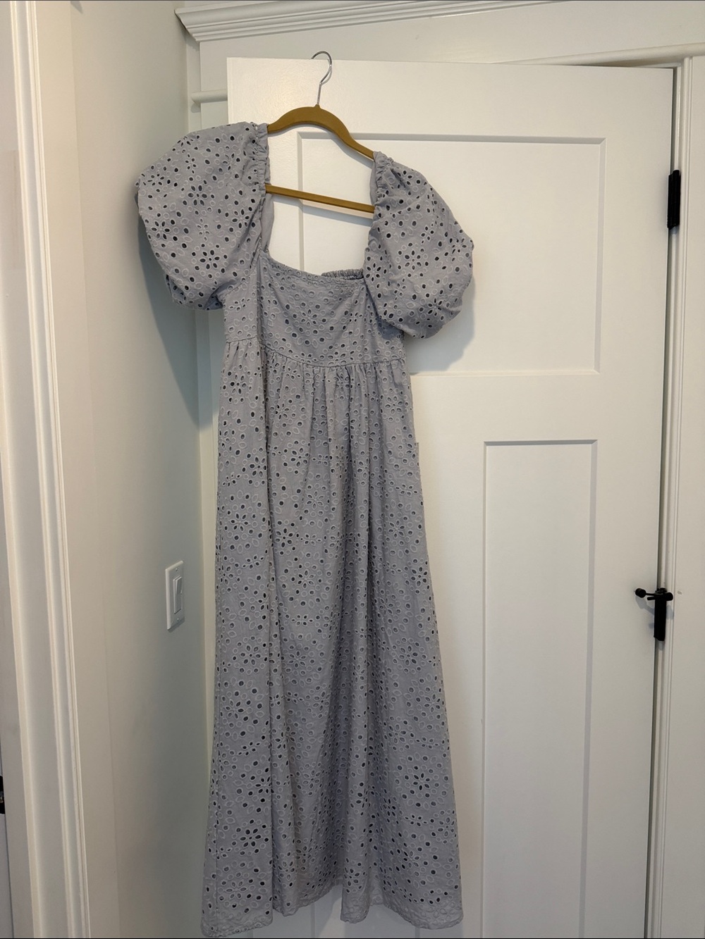 Rylee + Cru Puff-Sleeve Eyelet Maxi Dress in Light Gray